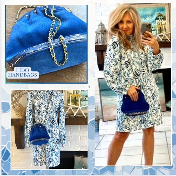 💙LIDO Handbag,Vibrant Blue Suede Leather, Made in USA,Blue/Gold Woven Chain,EUC - Picture 7 of 12